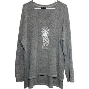 Spirit Jersey Pineapple Hawaii Long Sleeve Tunic Shirt Top Hi-Lo V-Neck Gray L